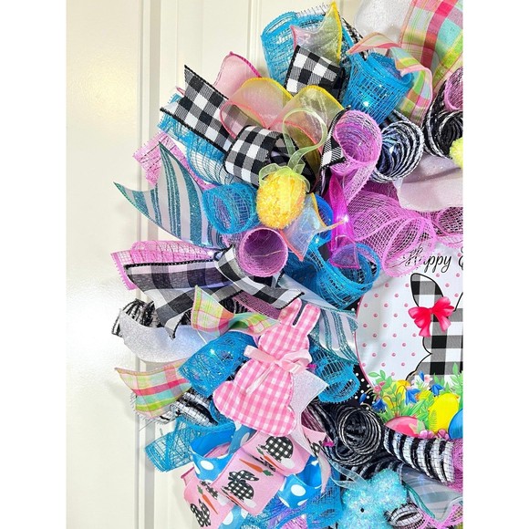 Handmade Spring Happy Easter Bunny Prelit Ribbon Wreath 22 in LED W17 - Picture 4 of 7